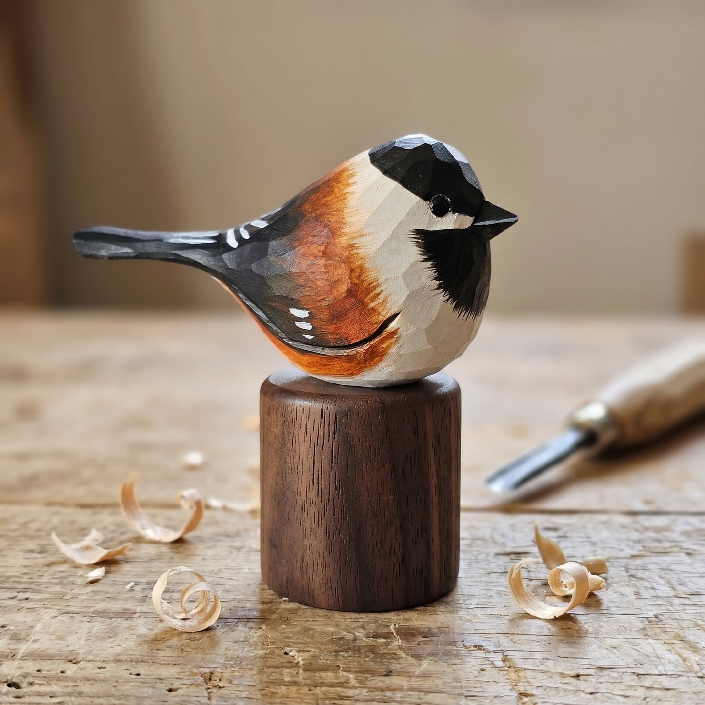 Hand Carved & Hand Painted Chickadee Figurine | Basswood with Black Walnut Base | 3 Species