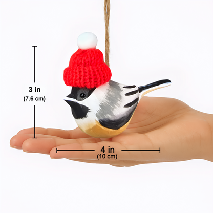 Chickadee Christmas Ornament - Hand‑Carved Wood with Knit Hat, Gift Box Included