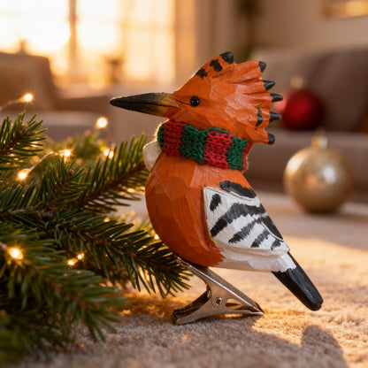 Hoopoe Clip‑On Christmas Ornament - Hand‑Carved Wood with Knit Scarf, Gift Box Included