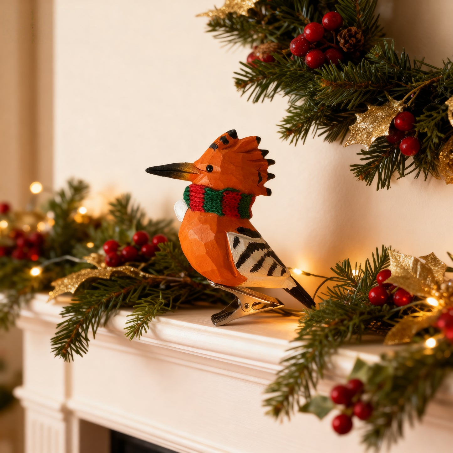 Hoopoe Clip‑On Christmas Ornament - Hand‑Carved Wood with Knit Scarf, Gift Box Included