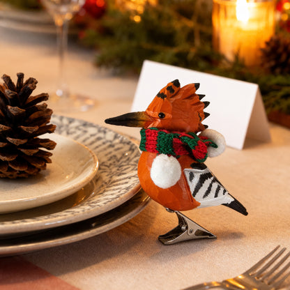 Hoopoe Clip‑On Christmas Ornament - Hand‑Carved Wood with Knit Scarf, Gift Box Included