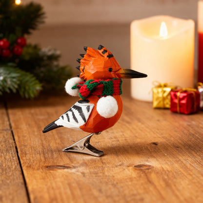 Hoopoe Clip‑On Christmas Ornament - Hand‑Carved Wood with Knit Scarf, Gift Box Included