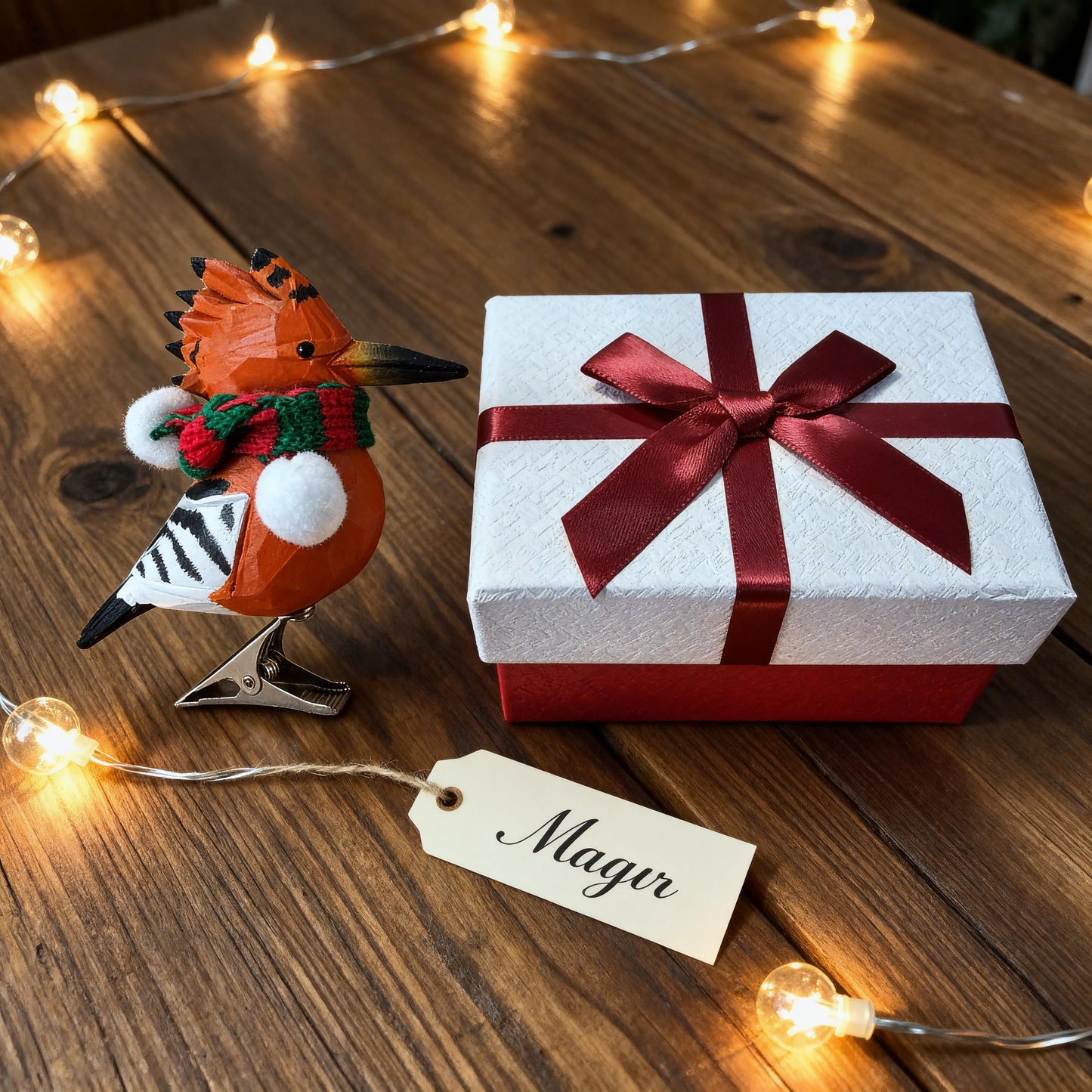 Hoopoe Clip‑On Christmas Ornament - Hand‑Carved Wood with Knit Scarf, Gift Box Included