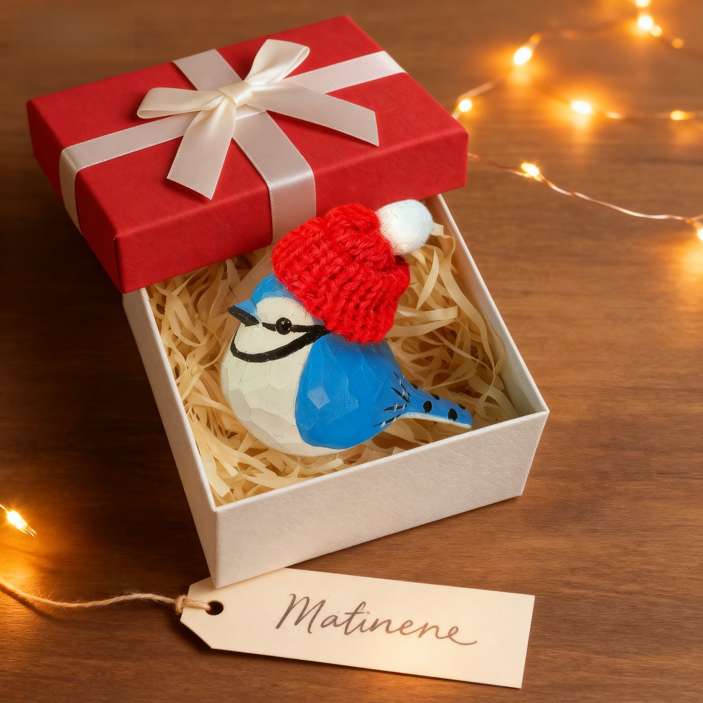 Bluejay Christmas Ornament - Hand‑Carved Wood with Knit Hat, Gift Box Included