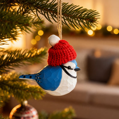 Bluejay Christmas Ornament - Hand‑Carved Wood with Knit Hat, Gift Box Included