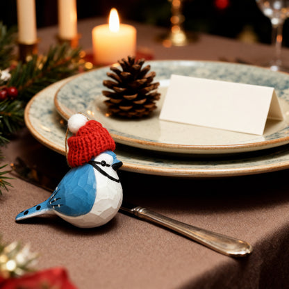Bluejay Christmas Ornament - Hand‑Carved Wood with Knit Hat, Gift Box Included
