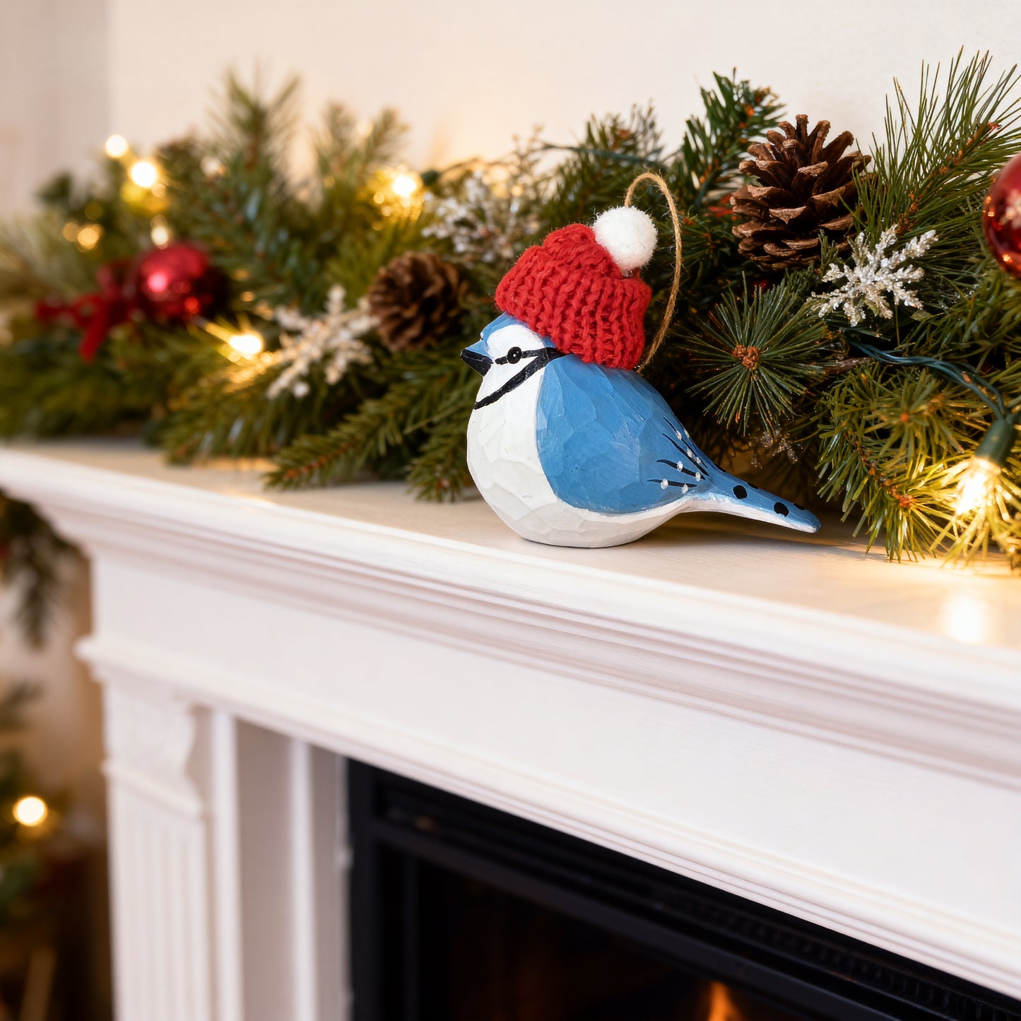 Bluejay Christmas Ornament - Hand‑Carved Wood with Knit Hat, Gift Box Included