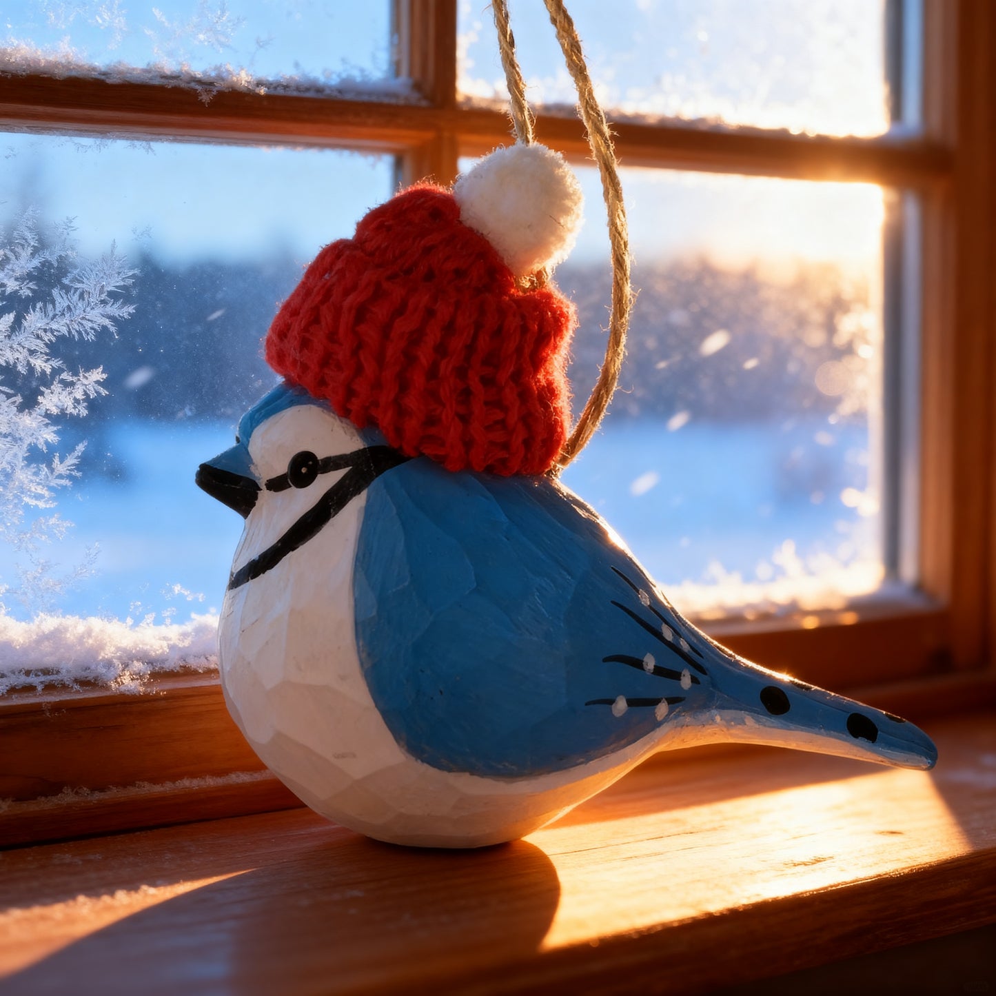 Bluejay Christmas Ornament - Hand‑Carved Wood with Knit Hat, Gift Box Included