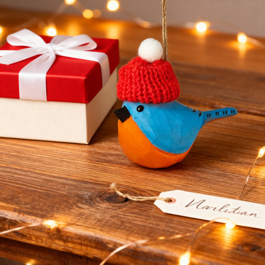 Eastern Bluebird Christmas Ornament - Hand‑Carved Wood with Knit Hat, Gift Box Included