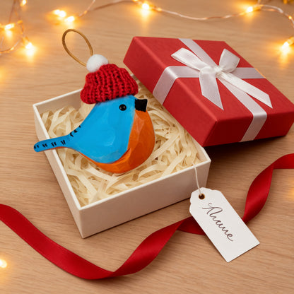 Eastern Bluebird Christmas Ornament - Hand‑Carved Wood with Knit Hat, Gift Box Included