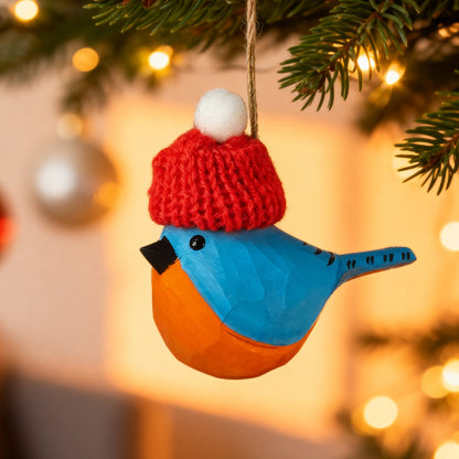 Eastern Bluebird Christmas Ornament - Hand‑Carved Wood with Knit Hat, Gift Box Included