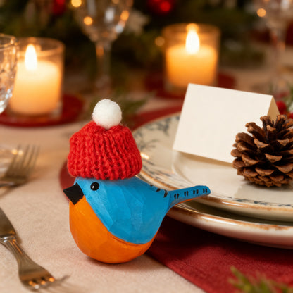 Eastern Bluebird Christmas Ornament - Hand‑Carved Wood with Knit Hat, Gift Box Included