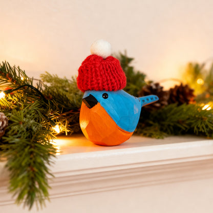 Eastern Bluebird Christmas Ornament - Hand‑Carved Wood with Knit Hat, Gift Box Included