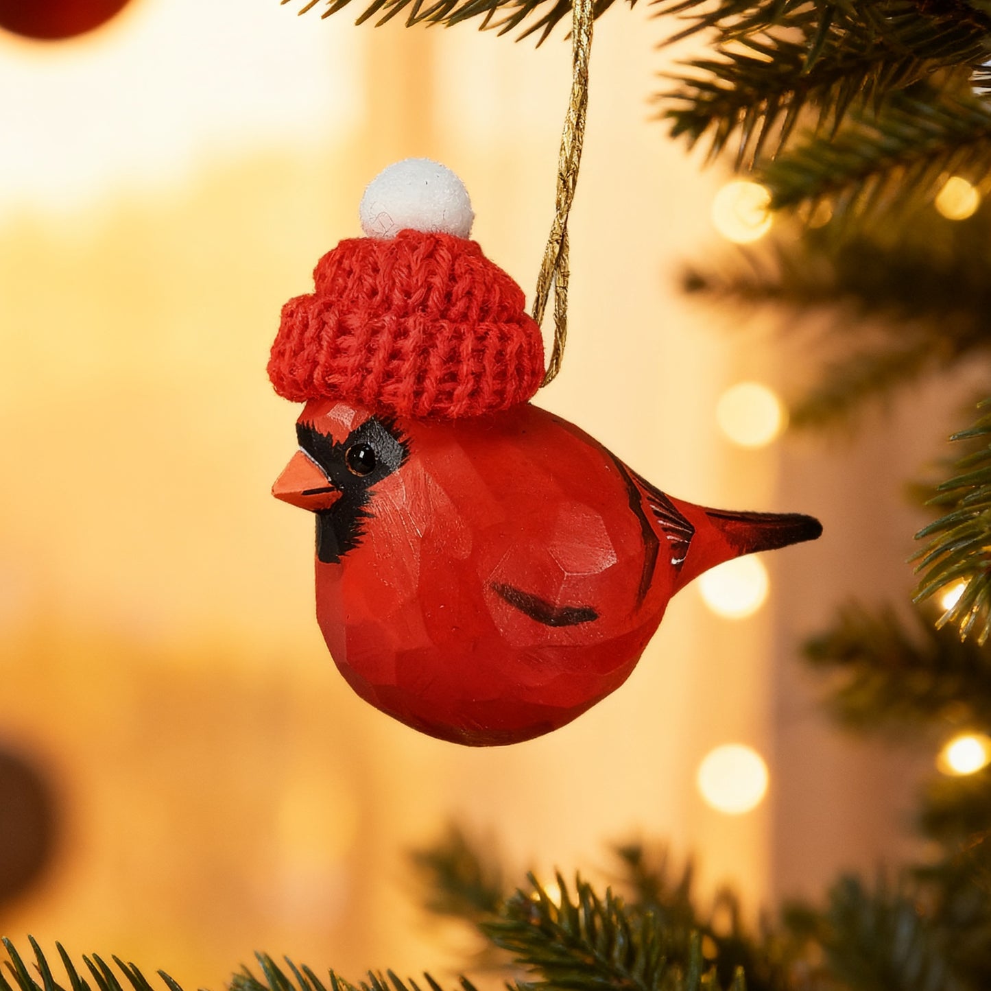 Cardinal Male Christmas Ornament - Hand‑Carved Wood with Knit Hat, Gift Box Included