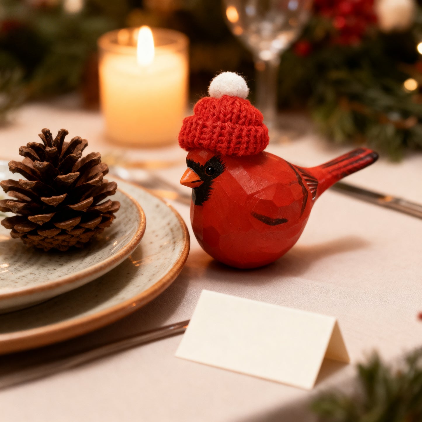 Cardinal Male Christmas Ornament - Hand‑Carved Wood with Knit Hat, Gift Box Included