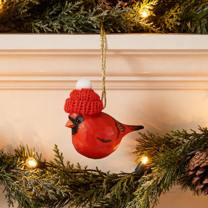 Cardinal Male Christmas Ornament - Hand‑Carved Wood with Knit Hat, Gift Box Included