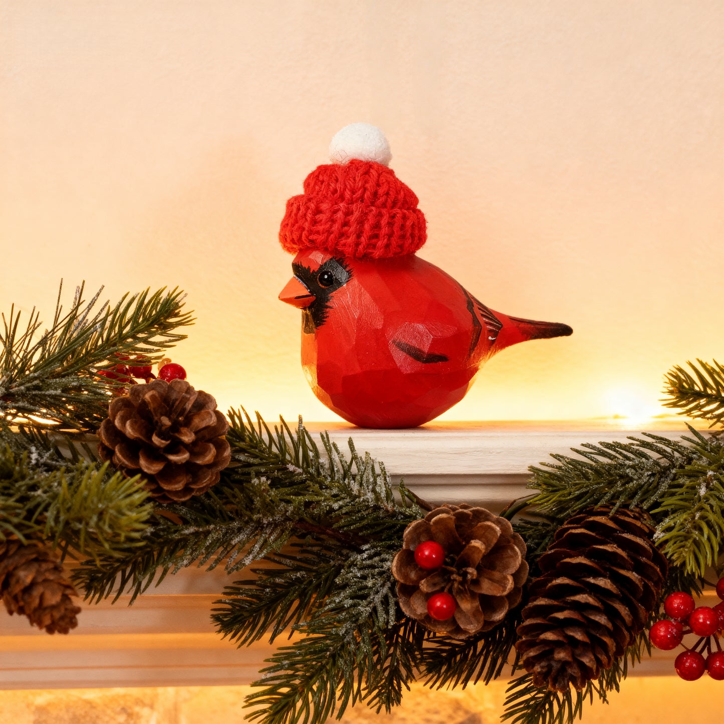 Cardinal Male Christmas Ornament - Hand‑Carved Wood with Knit Hat, Gift Box Included