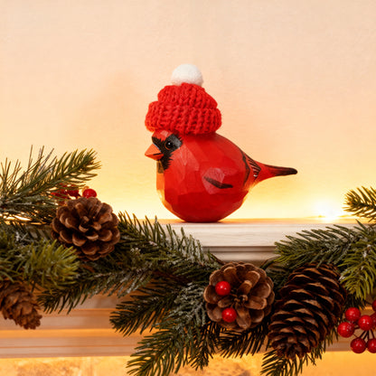 Cardinal Male Christmas Ornament - Hand‑Carved Wood with Knit Hat, Gift Box Included