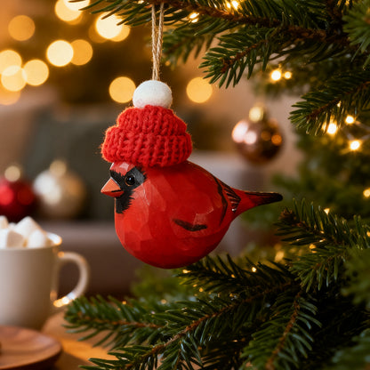 Cardinal Male Christmas Ornament - Hand‑Carved Wood with Knit Hat, Gift Box Included