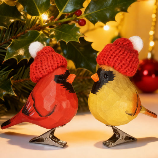 Cardinal Couple Clip‑On Christmas Ornaments - Hand‑Carved Wood with Knit Hats, Gift Box Included