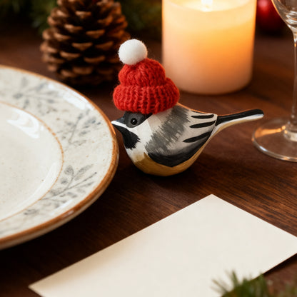 Chickadee Christmas Ornament - Hand‑Carved Wood with Knit Hat, Gift Box Included