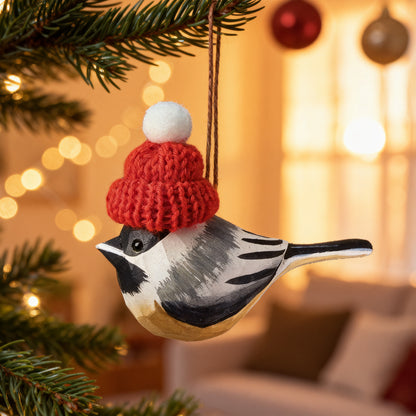 Chickadee Christmas Ornament - Hand‑Carved Wood with Knit Hat, Gift Box Included