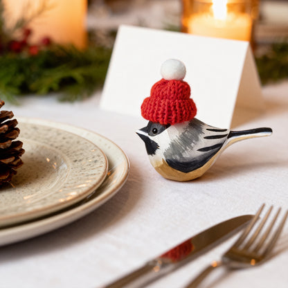 Chickadee Christmas Ornament - Hand‑Carved Wood with Knit Hat, Gift Box Included