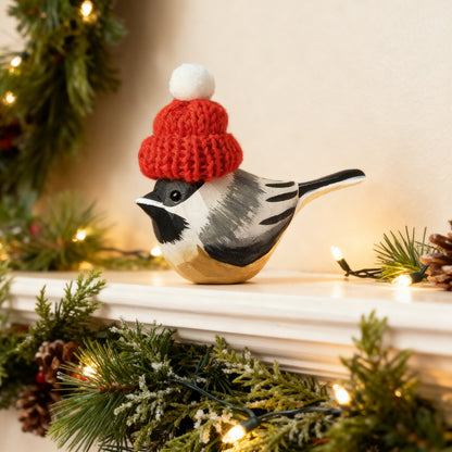 Chickadee Christmas Ornament - Hand‑Carved Wood with Knit Hat, Gift Box Included