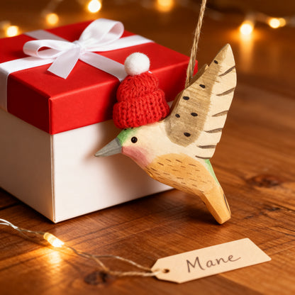 Hummingbird Christmas Ornament - Hand‑Carved Wood with Knit Hat, Gift Box Included