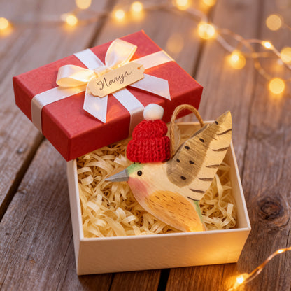 Hummingbird Christmas Ornament - Hand‑Carved Wood with Knit Hat, Gift Box Included