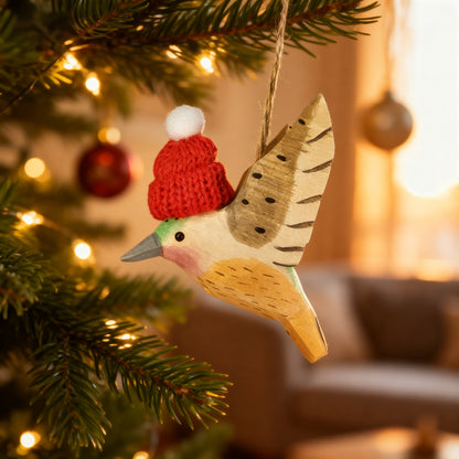 Hummingbird Christmas Ornament - Hand‑Carved Wood with Knit Hat, Gift Box Included