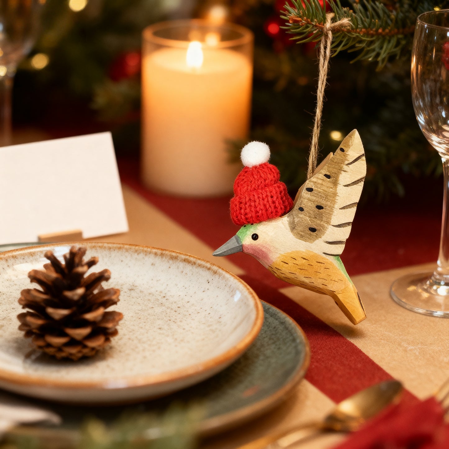 Hummingbird Christmas Ornament - Hand‑Carved Wood with Knit Hat, Gift Box Included