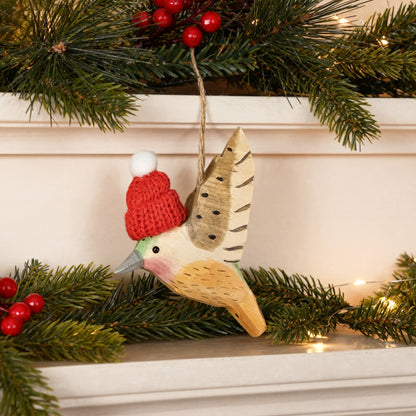 Hummingbird Christmas Ornament - Hand‑Carved Wood with Knit Hat, Gift Box Included
