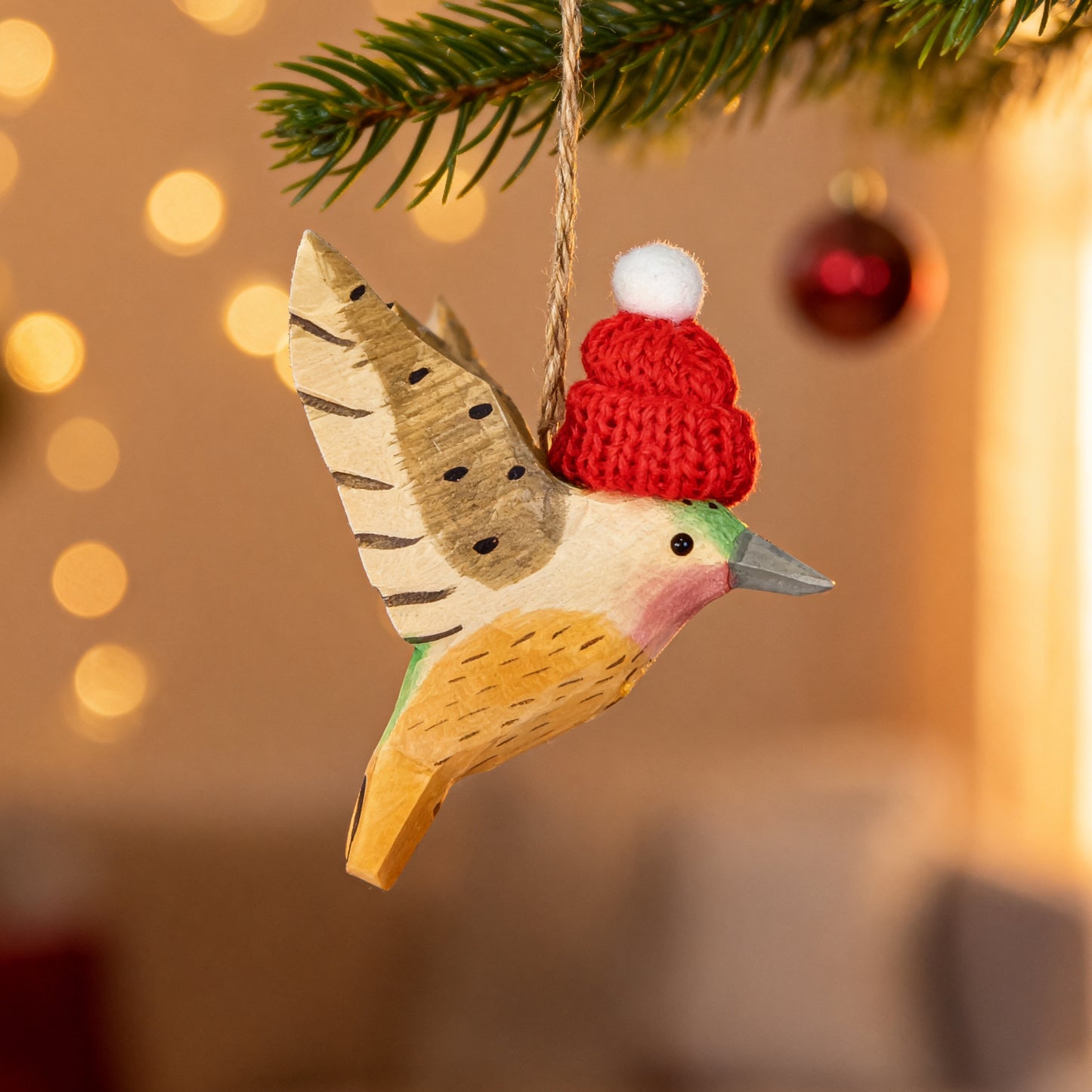 Hummingbird Christmas Ornament - Hand‑Carved Wood with Knit Hat, Gift Box Included
