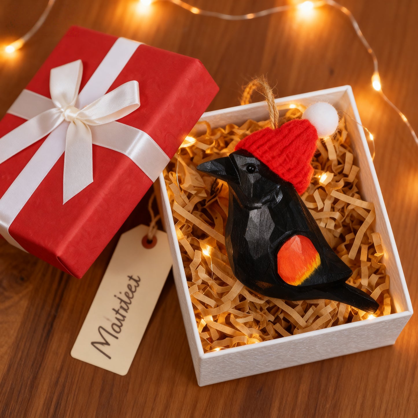 Red‑winged Blackbird Christmas Ornament - Hand‑Carved Wood, Gift Box Included