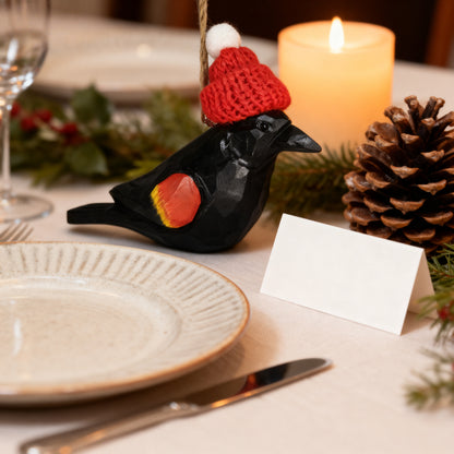 Red‑winged Blackbird Christmas Ornament - Hand‑Carved Wood, Gift Box Included
