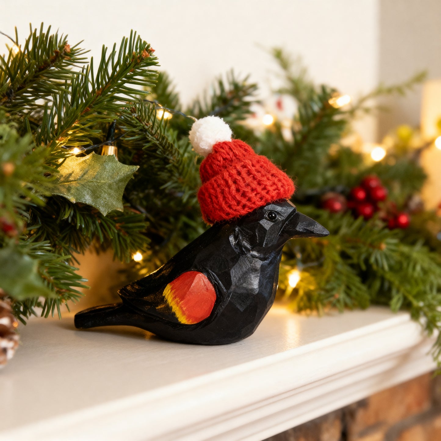 Red‑winged Blackbird Christmas Ornament - Hand‑Carved Wood, Gift Box Included