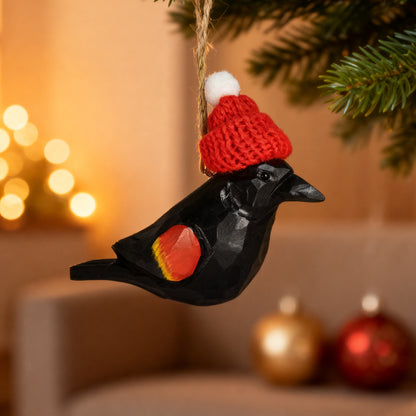 Red‑winged Blackbird Christmas Ornament - Hand‑Carved Wood, Gift Box Included