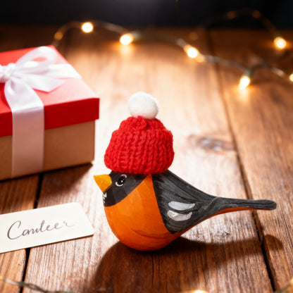 American Robin Christmas Ornament made of Wood - Hand-Carved with Knit Hat, Gift Box Included