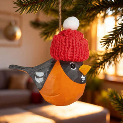 American Robin Christmas Ornament made of Wood - Hand-Carved with Knit Hat, Gift Box Included