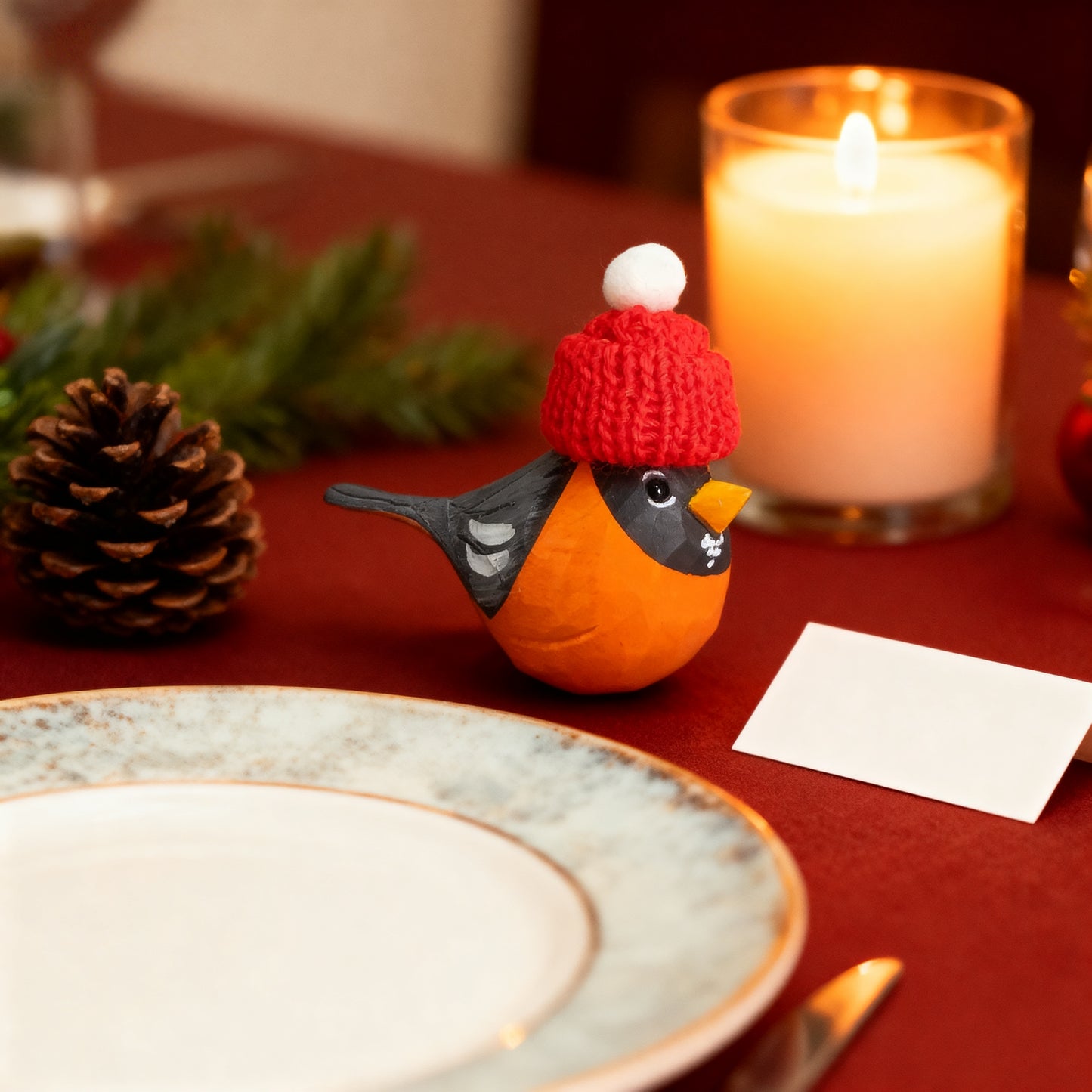 American Robin Christmas Ornament made of Wood - Hand-Carved with Knit Hat, Gift Box Included