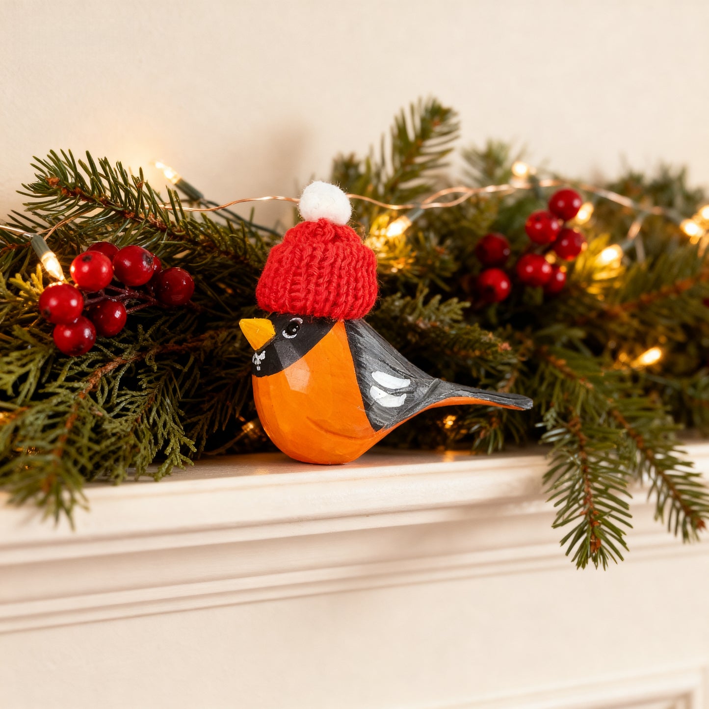 American Robin Christmas Ornament made of Wood - Hand-Carved with Knit Hat, Gift Box Included