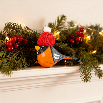 American Robin Christmas Ornament made of Wood - Hand-Carved with Knit Hat, Gift Box Included