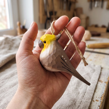 Cockatiel Hanging Ornament - Hand-Carved Basswood Bird Figurine