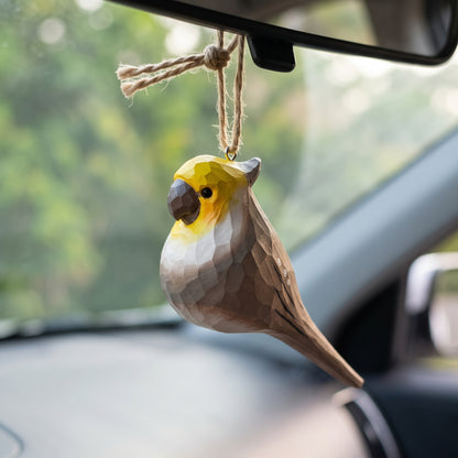 Cockatiel Hanging Ornament - Hand-Carved Basswood Bird Figurine