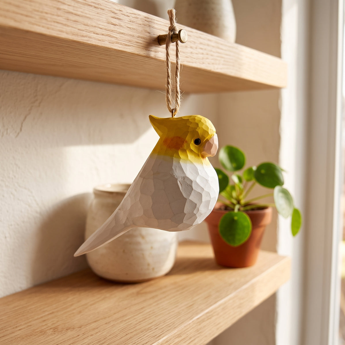 Cockatiel Hanging Ornament - Hand-Carved Basswood Bird Figurine