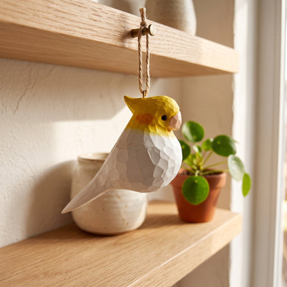 Cockatiel Hanging Ornament - Hand-Carved Basswood Bird Figurine
