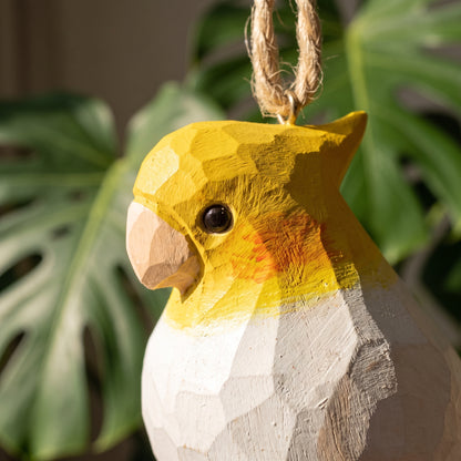 Cockatiel Hanging Ornament - Hand-Carved Basswood Bird Figurine