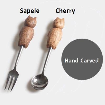 Dessert fork and spoon sets Hand Carved Cute Cat _MS - Wooden Islands