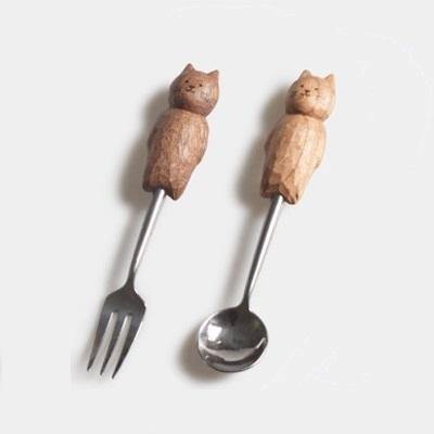 Dessert fork and spoon sets Hand Carved Cute Cat _MS - Wooden Islands